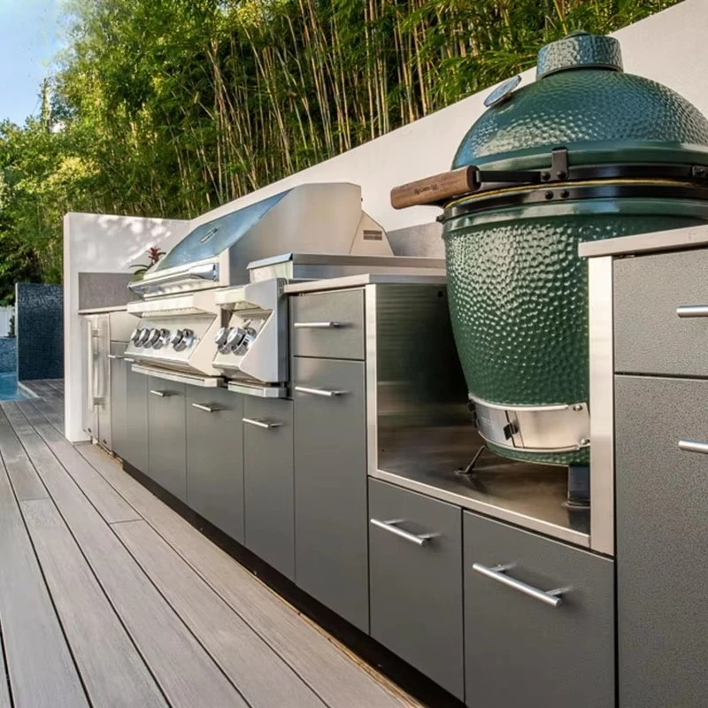 FOODLINE L Shaped Outdoor Kitchen Island Modular Cabinet With Grill Cutout And Storage Doors