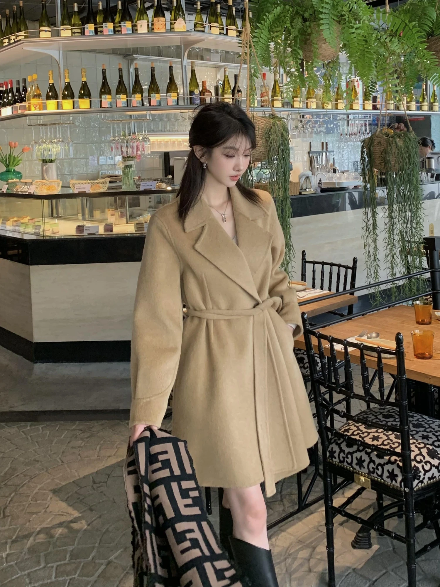 

Double-Faced ort Woolen Coat for Women Ele Caramel Color Knotted Waist Design Thi Korean Sle Winter Outerwear