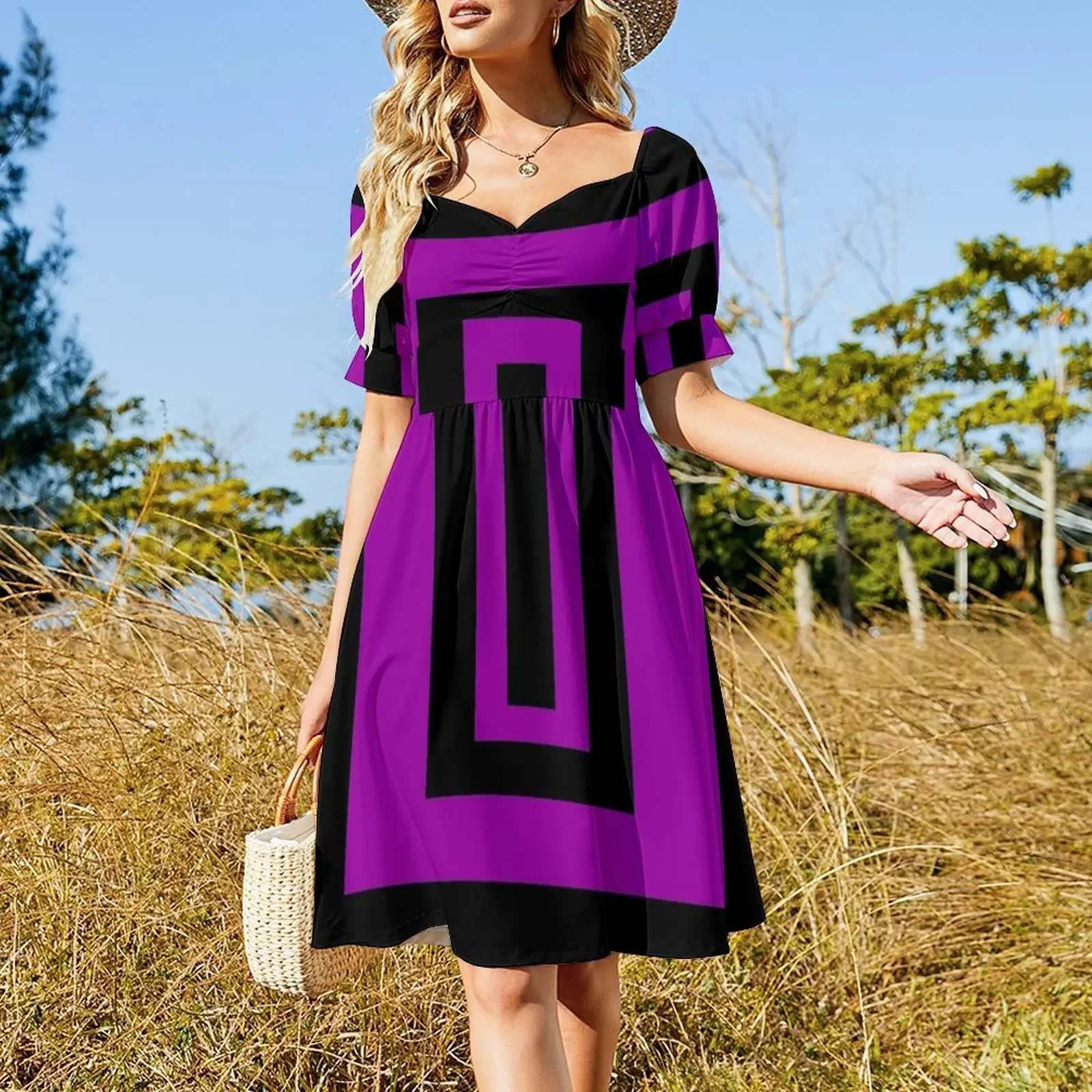 black and purple rectangles Short-Sleeved Dress women's clothing summer 2025 novelties Women's summer dresses