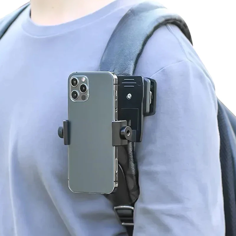 1 Pcs Anti-Slip Backpack Strap Phone Holder Clip 360 Rotating Clamp Mount for Chest Shoulder Outdoor Vlog Live Streaming Black