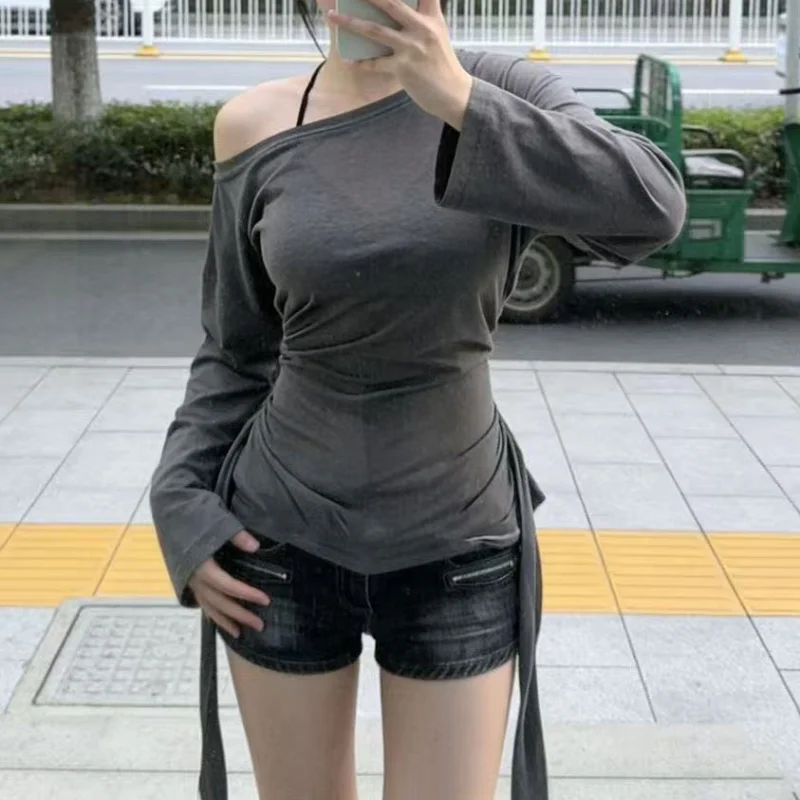 Sexy Thin See Through Long Sleeve Oversize T shirt Women Bandage Off Shoulder Top Female Basic Long Tee Shirt  Korean Chic Lady