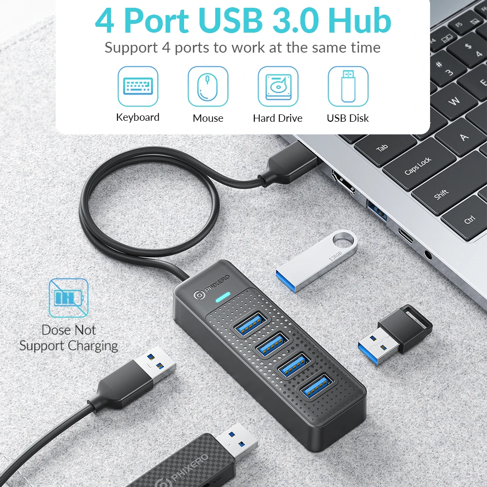 PHIXERO-airies 4 ports USB 3.0 haute vitesse, répartiteur de type C, 5Gbps pour PC, accessoires informatiques, adaptateur multiport pour ordinateur portable