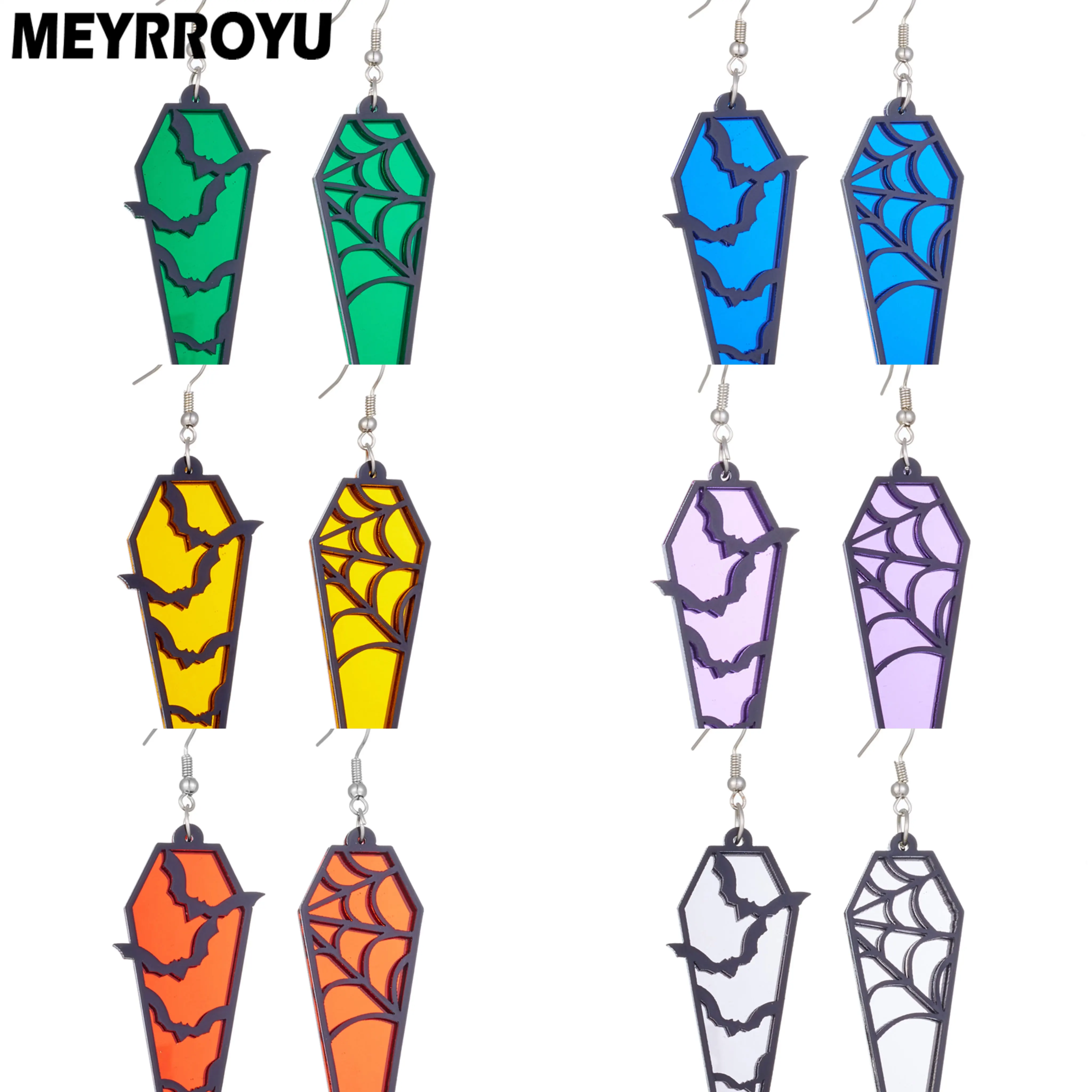 MEYRROYU 2023 New Retro Acrylic Mirror Bat Spider Web Grave Pendant Earrings For Women Personalized Halloween Themed Jewelry