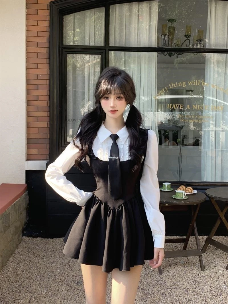 Women Korea Uniform Style Sweet and Spicy Academy Style Fake Two-Piece White Shirt Dress Hollow Women's Autumn New Puffy Dress