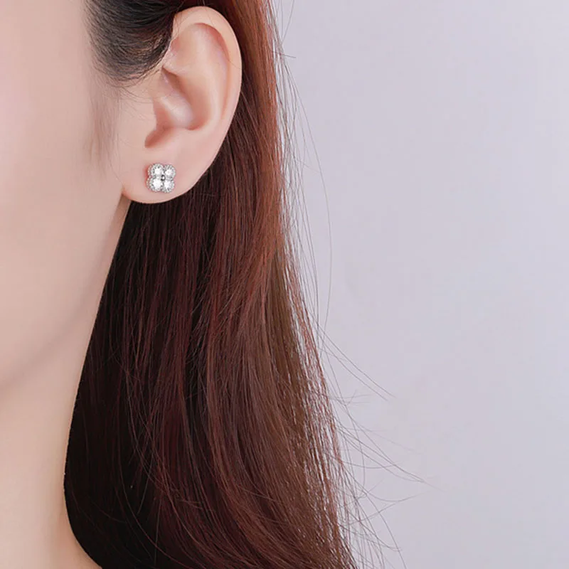 JECIRCON 925 Sterling Silver Moissanite Jewelry Set  4 Petal Flowers Pendant Necklace Bracelet Earrings for Women Silver color