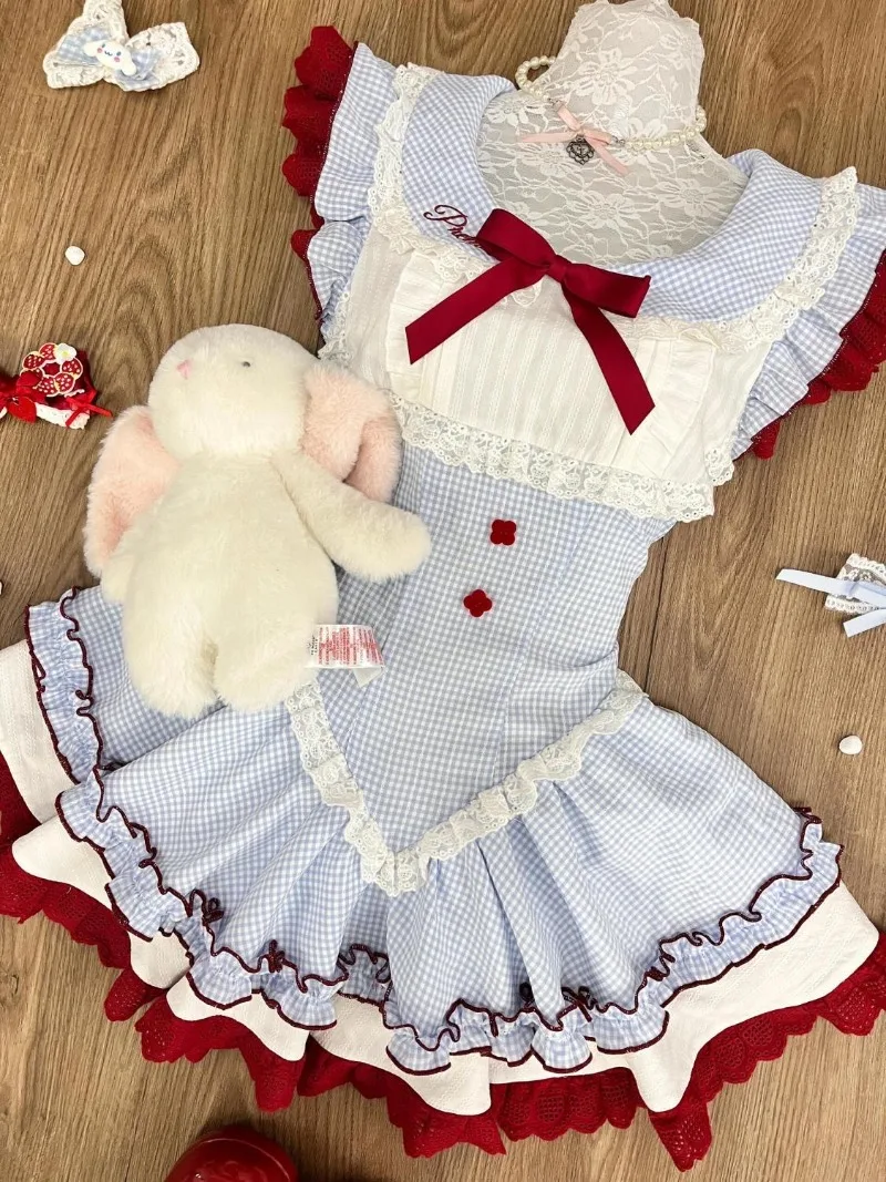 Preppy نمط الحلو ولطيف فتاة الصيف جديد صغير يطير الأكمام بيتر بان طوق فساتين Kawaii لطيف القوس الدانتيل فستان الأميرة البسيطة