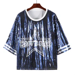 Summer New Round Neck Letter Geometry Streetwear Loose T-Shirt Sequins Hip Hop Straight Short Sleeve Women's Tops