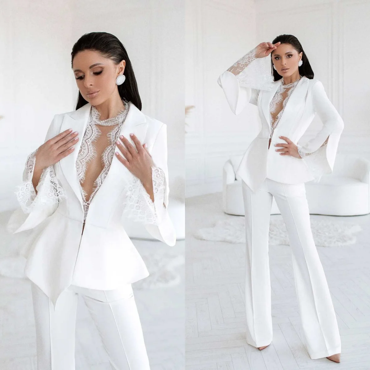 

Elegant Customized 2 Pieces Women Suits V Neck Lace Decoration Slim Fit Formal Wedding Party Outfits Women Work Wear