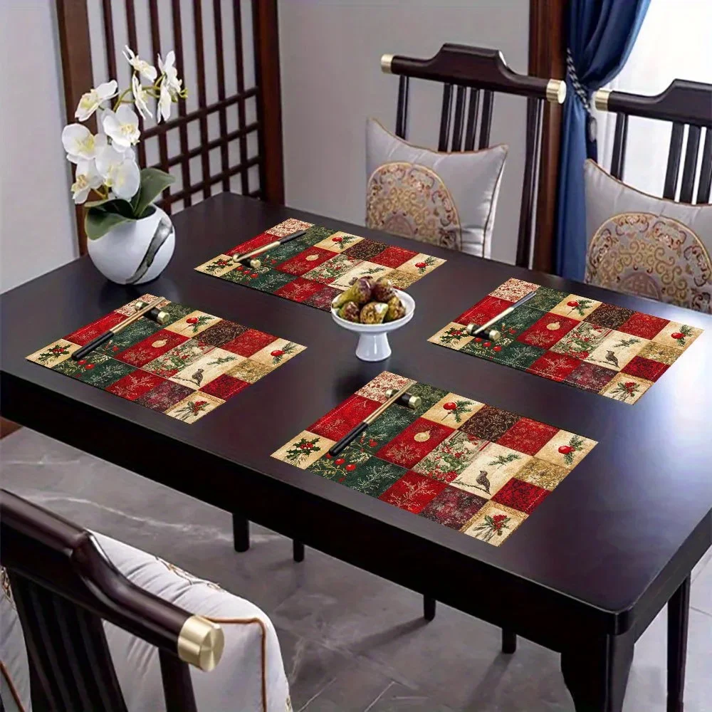 Christmas Vintage Damask Patchwork Placemats 4Pcs, Washable Table Mats for Holiday Dining Table & Home Deco