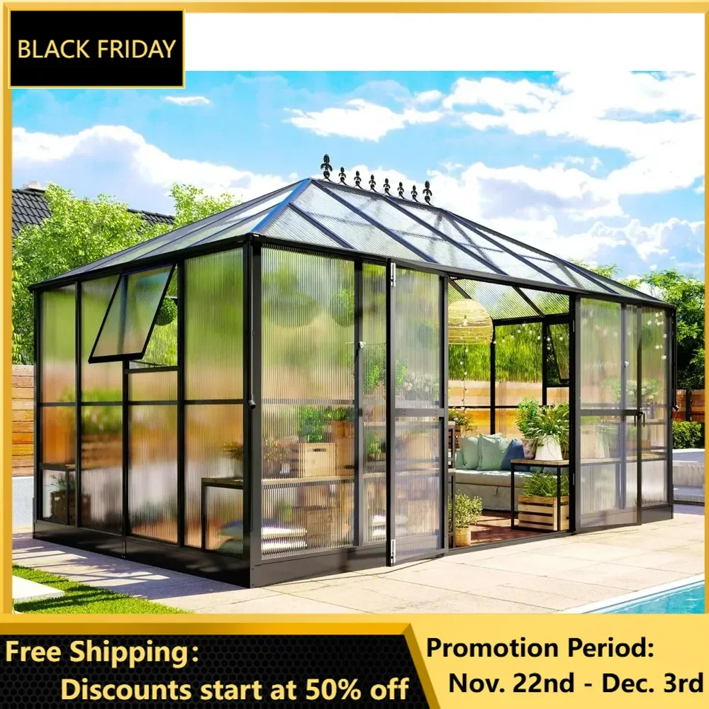 14x9.5x9FT Greenhouse, 6 FT Height Outdoor Greenhouses with 2 Ventilation and Rain Gutter, Double Doors with Hook, Greenhouse