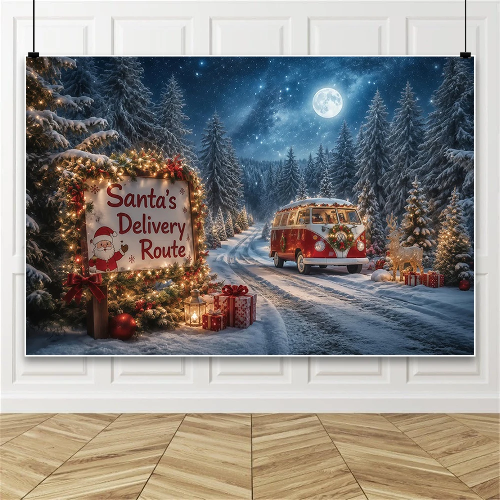 Christmas Van Backdrop North Pole Snowy Forest Gift Box Holiday Photography Background Winter Party Photo Booth Decorations