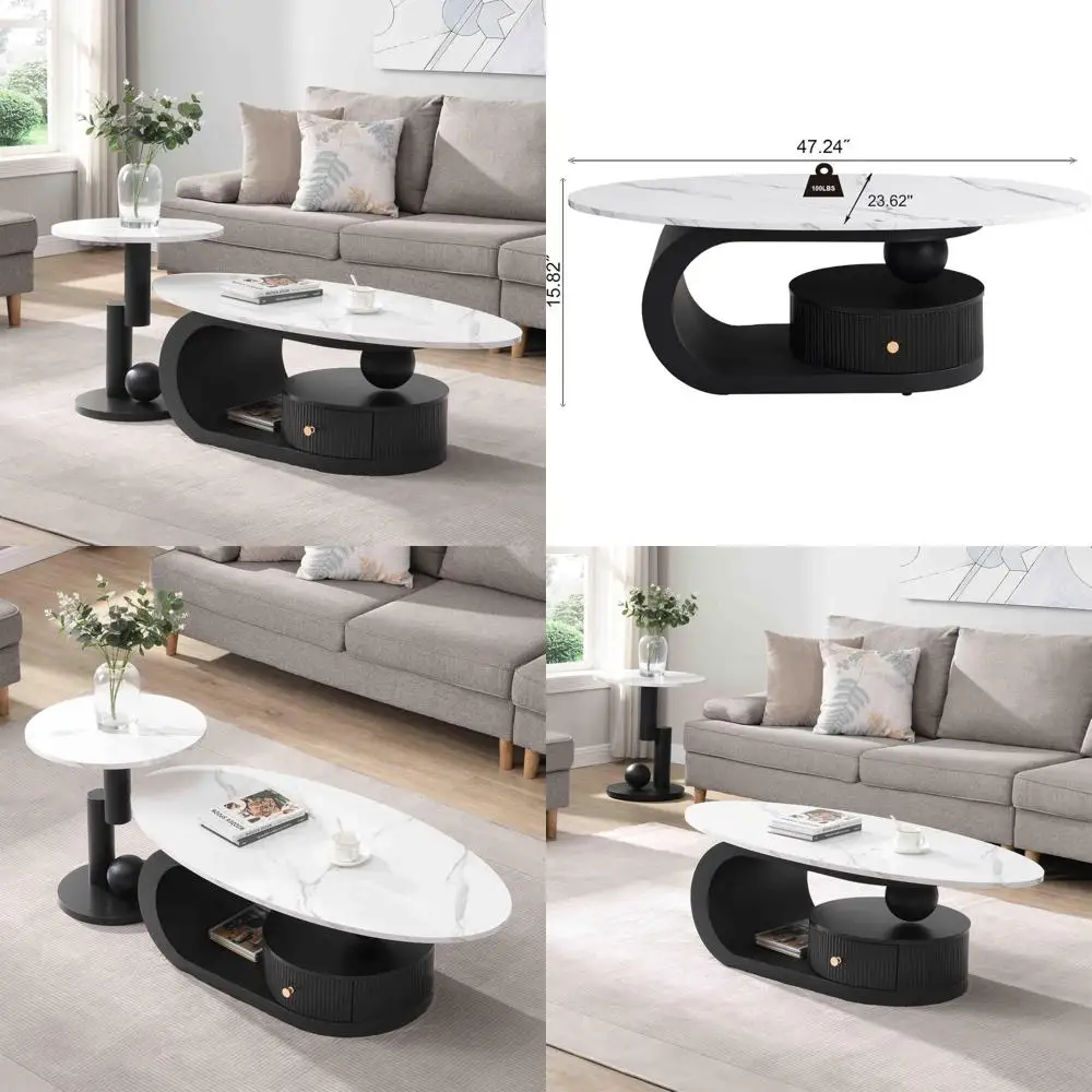 

Роскошный журнальный столик с черным основанием, современный стол для гостиной из искусственного мрамора, комплект из 2 овальных журнальных столиков с др.