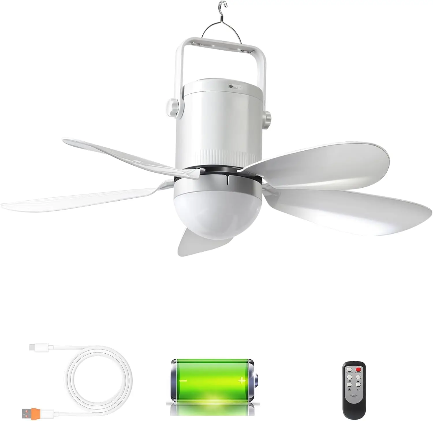 

21'' Rechargeable Ceiling Fan with Light, 21600mAh Battery, USB-C Fast Charge, Quiet DC Motor, Remote Control