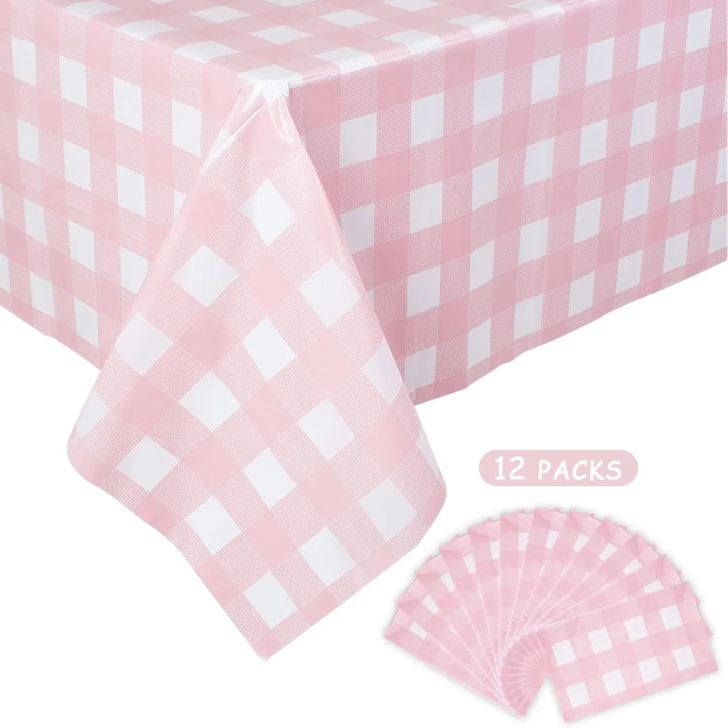 

12 Packs Pink Gingham Tablecloth 54 x 108 Inches Pink and White Checkered Table Cloths Party Picnic