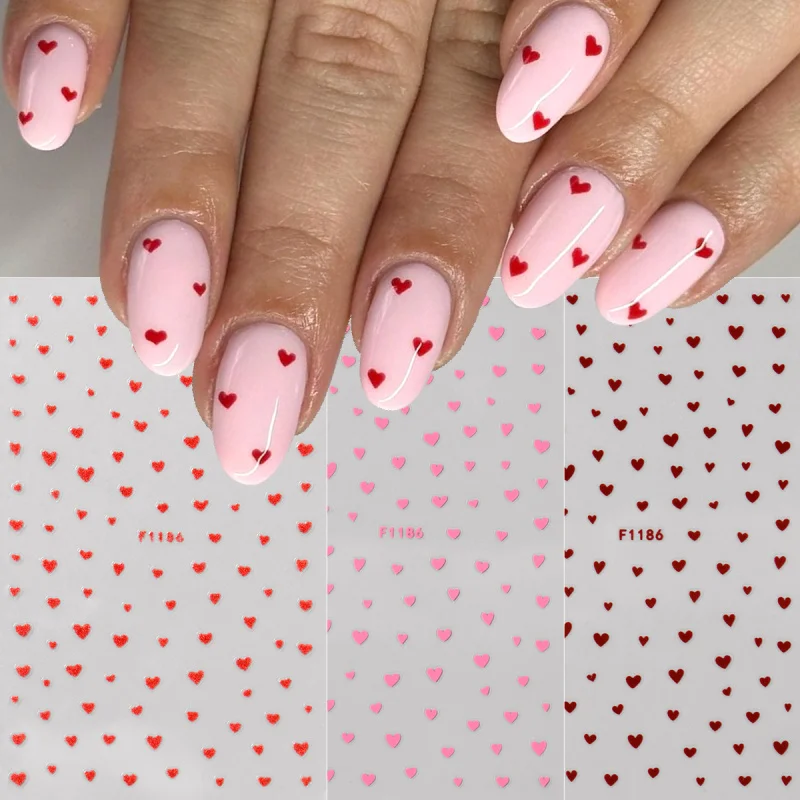 ملصقات أظافر لامعة لعيد الحب مختلطة باللون الأحمر والوردي على شكل قلب الحب، شارات لاصقة لطيفة على شكل قلب صغير لإكسسوارات ديكور الأظافر