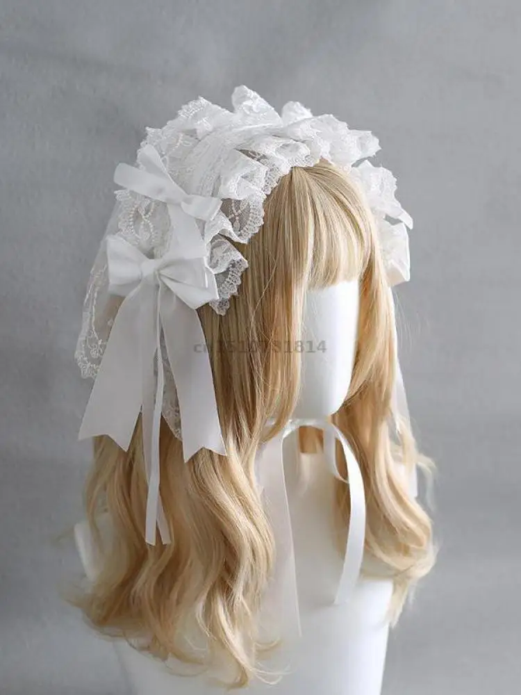 2026 Gothic Lolita Lace Headband Veil Bow Black White Handmade Vintage Harajuku Y2k Cosplay Anime Maid Hair Accessory Women