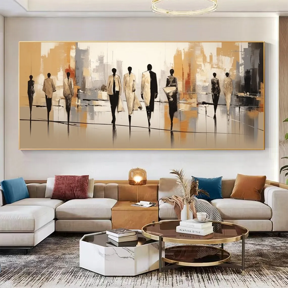 Abstract Modern People Landscape Oil Painting on Canvas Large Wall Art Walking in the Street Painting Minimalist Living Room Art