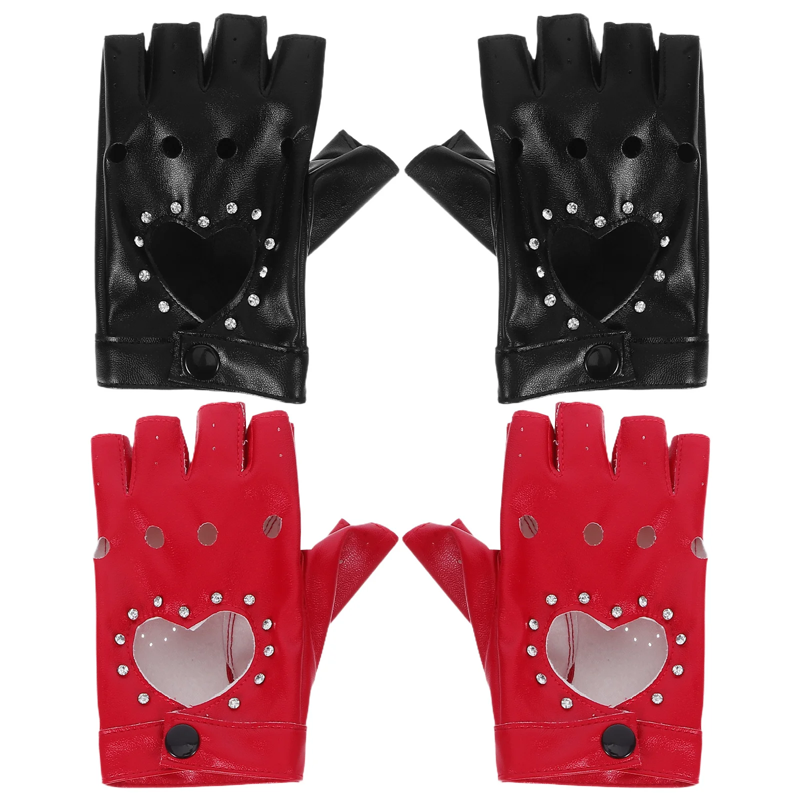 

2 пары перчаток без пальцев с блестящим сердечком и вырезом на половину пальца из искусственной кожи в стиле панк, нарядные перчатки, костюм на Хэллоуин