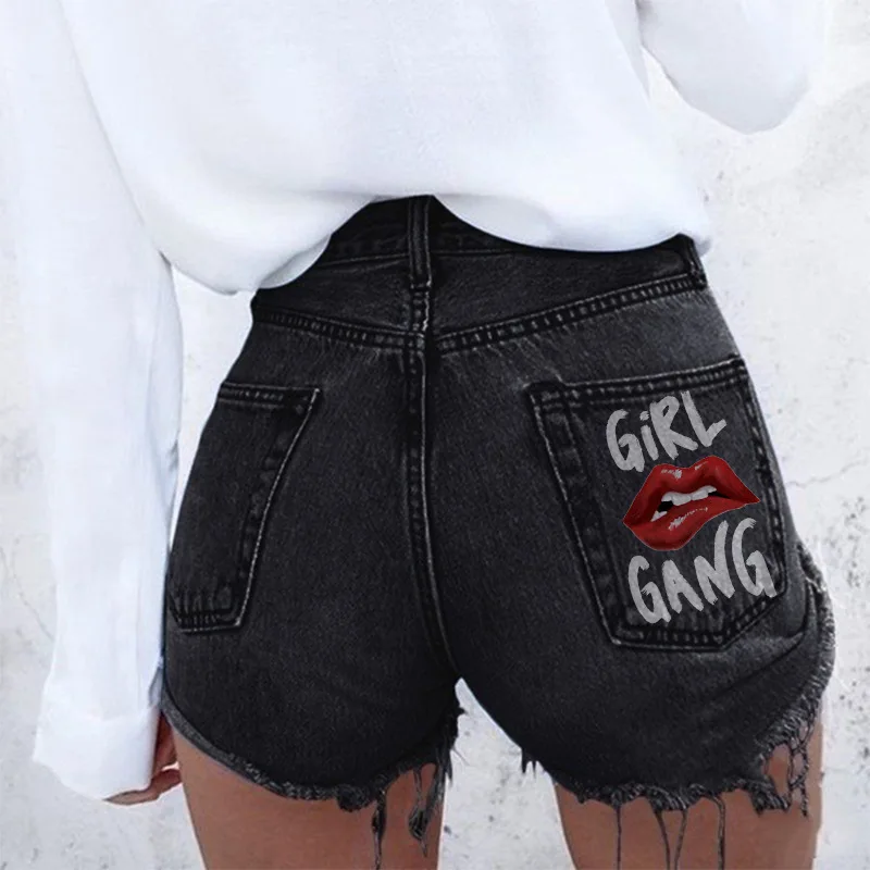 

Denim Shorts For Womenwomen's 2023 Summer New Spicy Girls Street Hip Hop Personalized Lip Print Pattern Perforated Tassel Denim