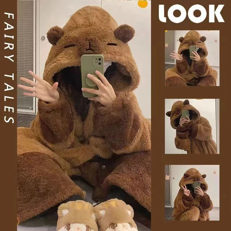 

Милый фланелевой длинный халат с героями мультфильмов, брюки, пижамный комплект, женский зимний утепленный теплый коралловый флис, домашняя одежда, одежда для сна с капибарой, косплей