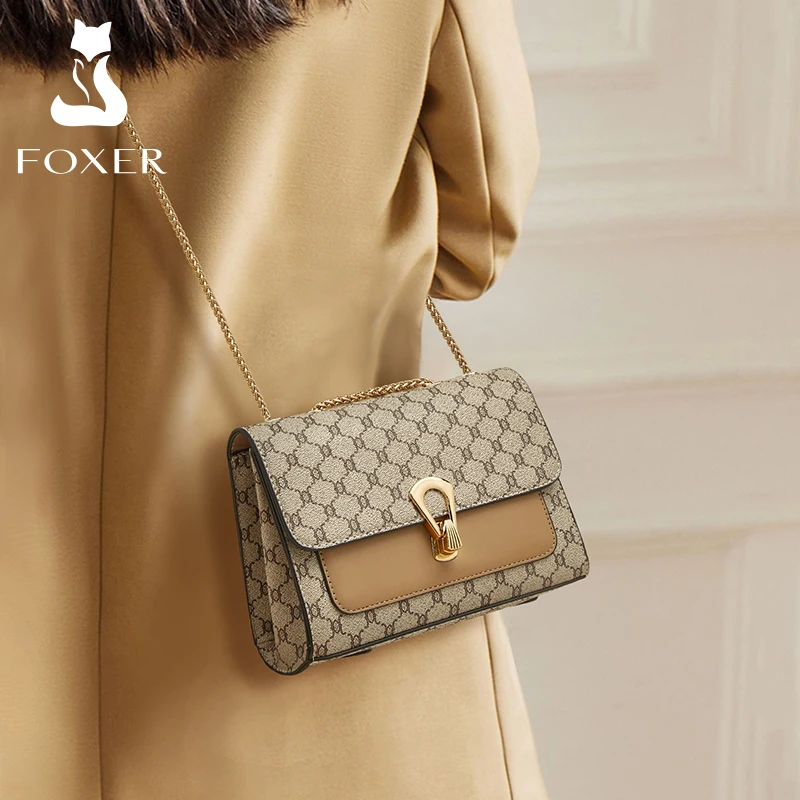 FOXER Brand Sign Chain Vintage Armpit Shoulder Bag Women's Flap Crossbody Bag Vegan PVC Leather Lady Messenger PU Monogram Bag