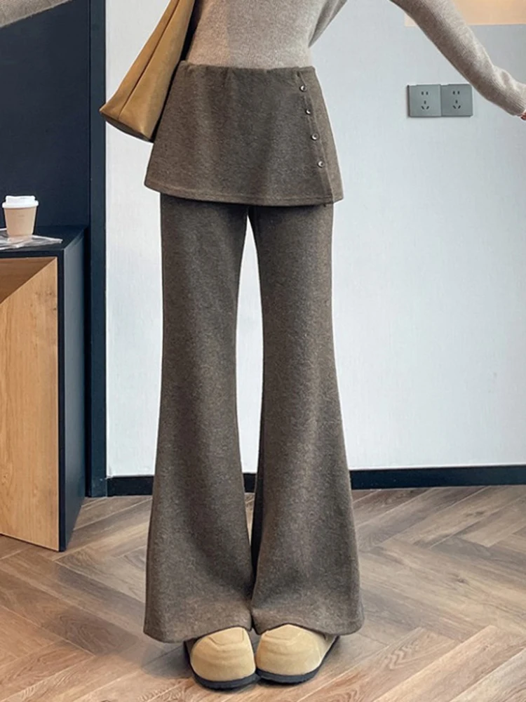 2025 خريف جديد كسول نمط ركاب تنوعا انفصال ضرطة الستار سراويل تقليدية قطرة الصوف بنطال ذو قصة أرجل واسعة للنساء