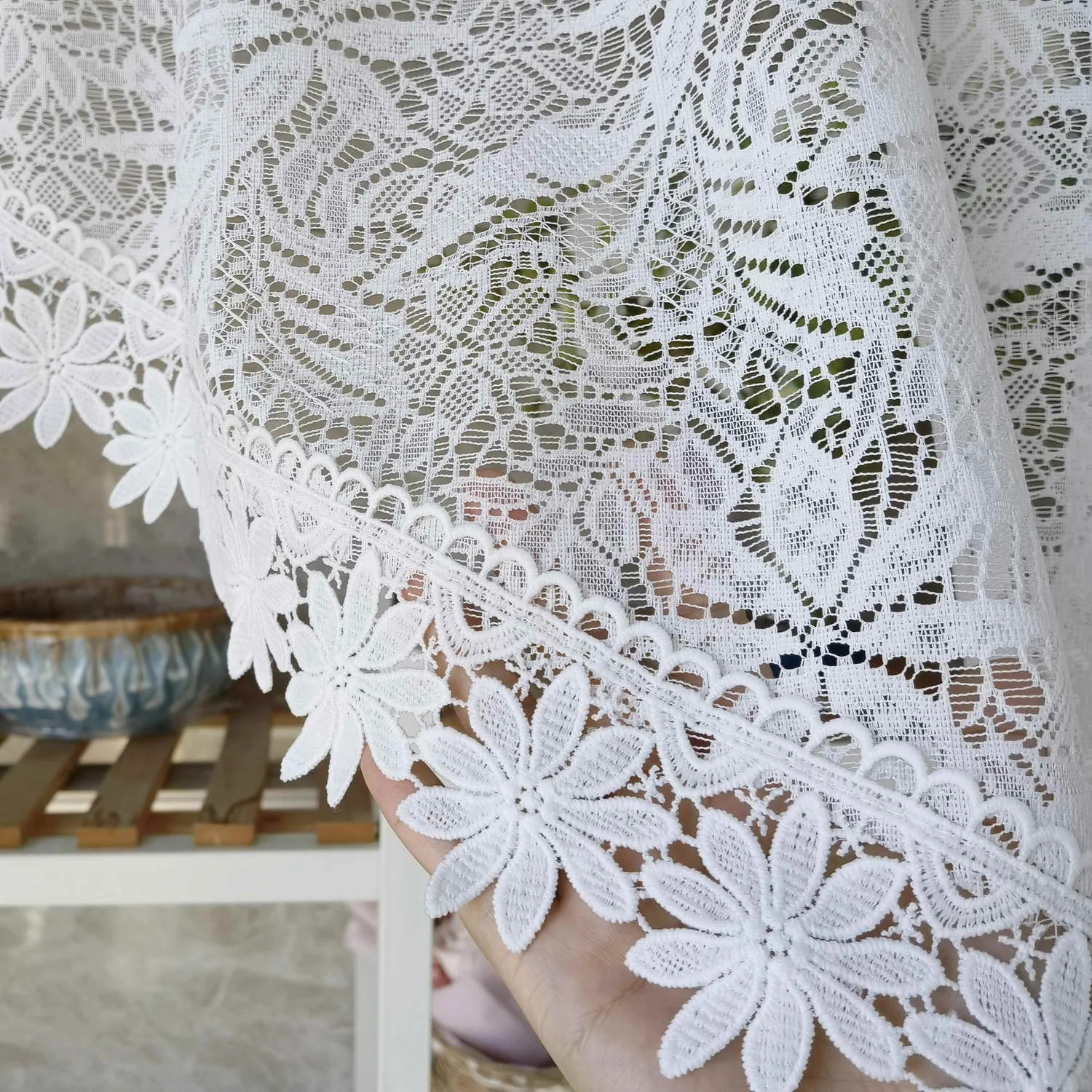 1PC Romantic Hollow Lace Short Curtain for Kitchen White Sheer Drape Cabinet Dustproof Study Special Rod #E 3