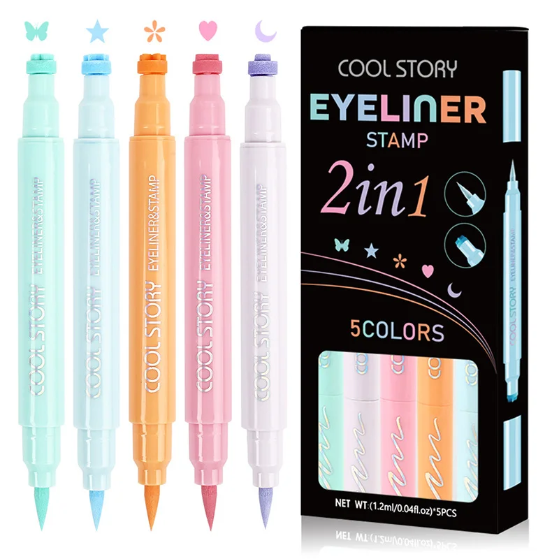 1 Stück/5 Stück Eyeliner-Stift mit Liebe/Blume/Stern-Stempel, bunter flüssiger Eyeliner, doppelseitiger Siegel, Eyeliner-Stift, schnell trocknendes Make-up