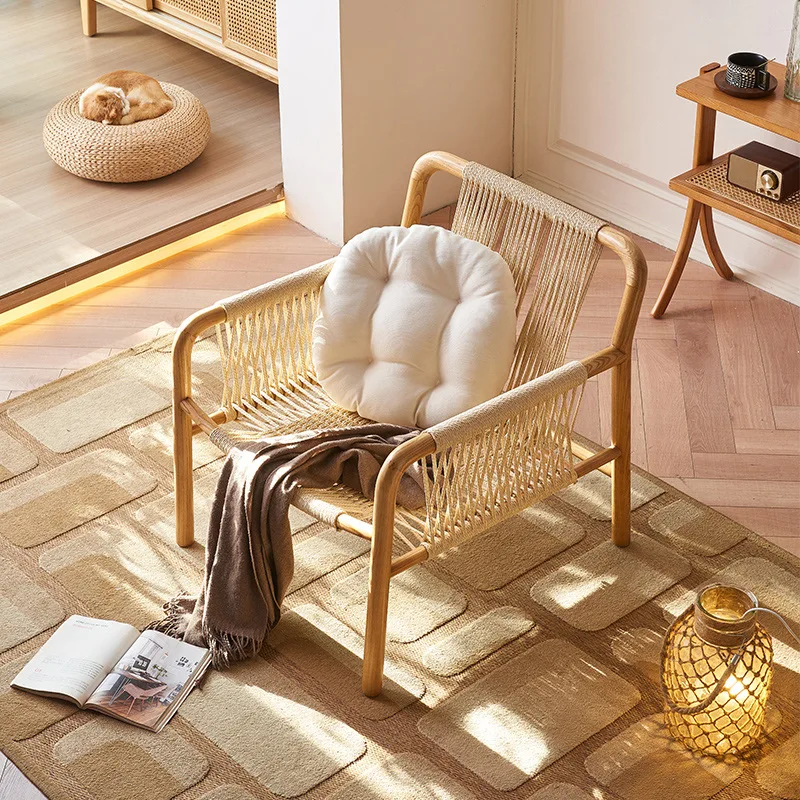 

Rope woven solid wood sofa chair wabi wind living room Japanese hand-woven ash wood armrest hemp rope backrest leisure chair