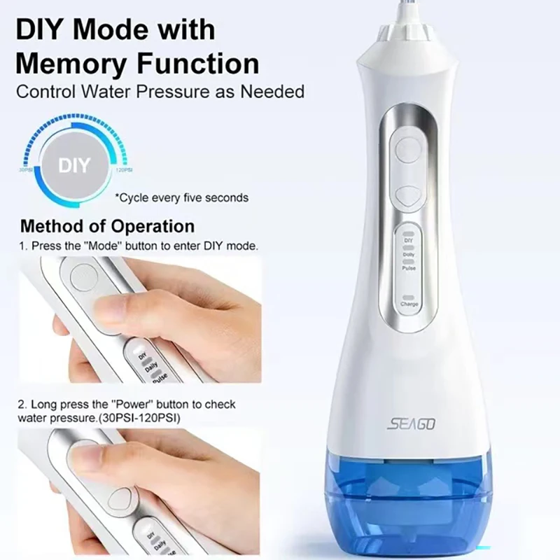 SEAGO Oral Dental Irrigator Portable Water Flosser USB Rechargeable Water Jet IPX7 Dental 200ML Water Tank