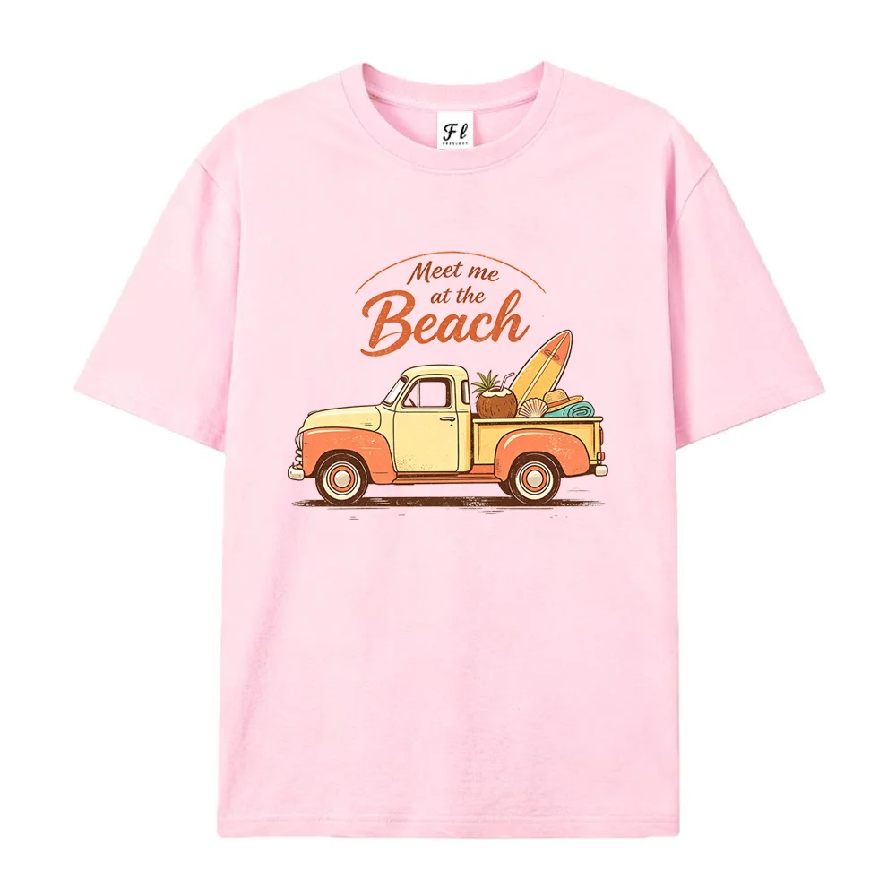 WomenThe Beach Vintage Truck T Shirt Summer Vacation Surf Graphic Print Tees Pink Casual Cotton Short Sleeve Tops