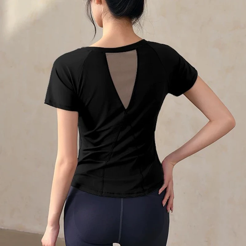 

Women's yoga sports short sleeved, summer thin mesh splicing round neck slim fit top fitness short sleeved sports t-shirt
