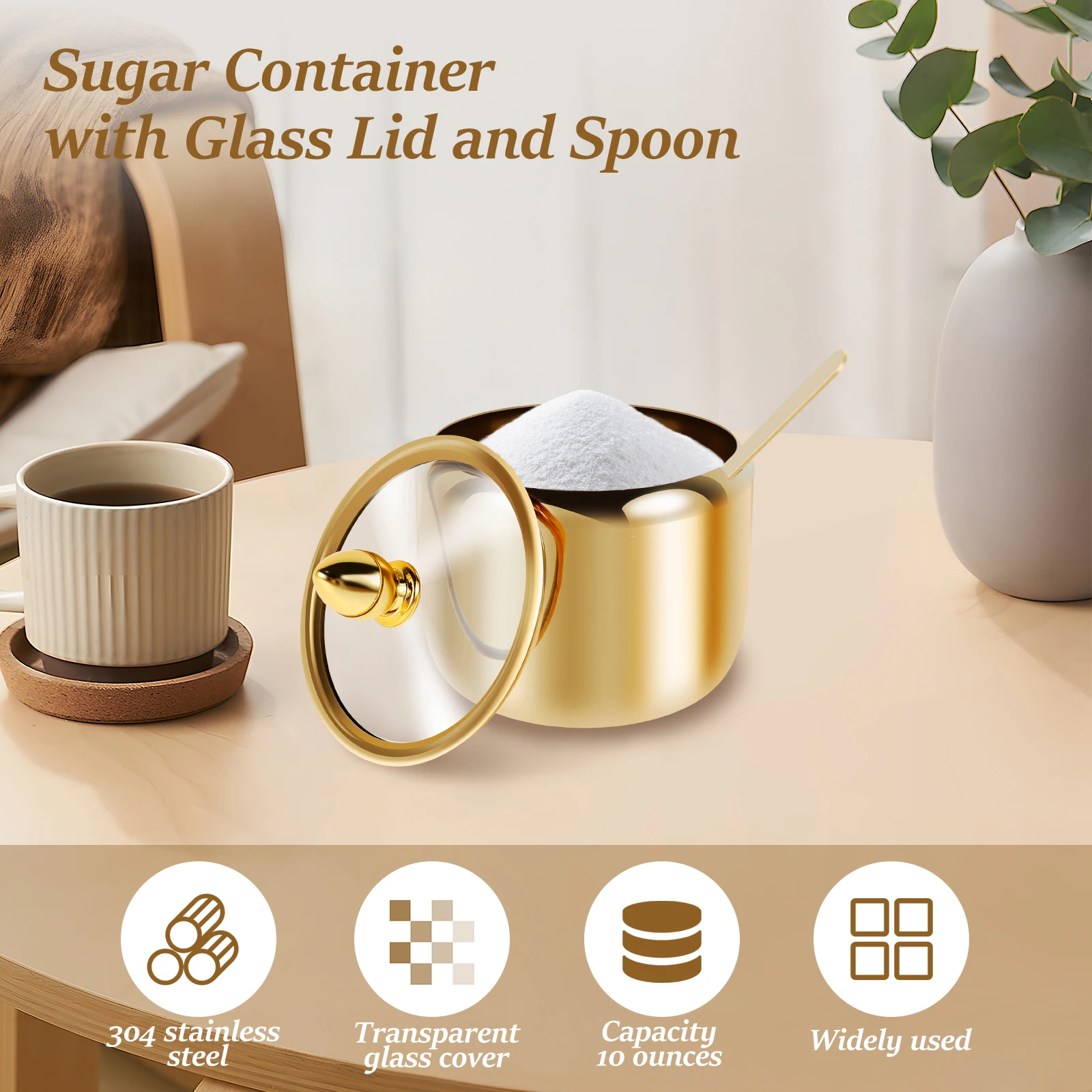 10oz Sugar Jar 304 Stainless Steel Seasoning Container with Clear Glass Lid&Spoon Multifunctional Pot for Salt Candy Coffee Bean