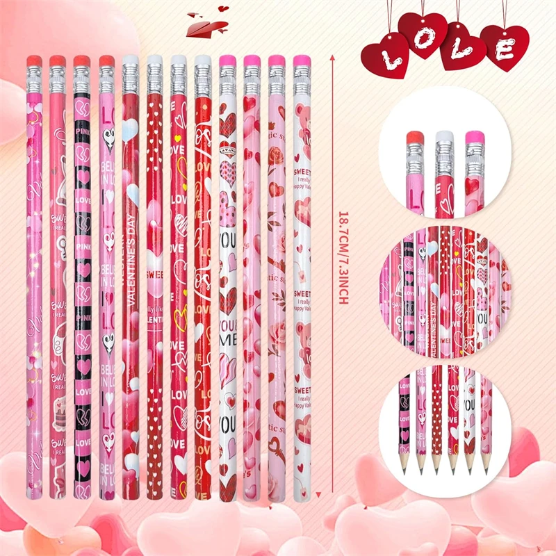 24/48/72 PCS Valentines Pencils Valentine's Day Pencils Bulk Holiday Pencils with Erasers Pencils for Valentine’s Day, 12 Style