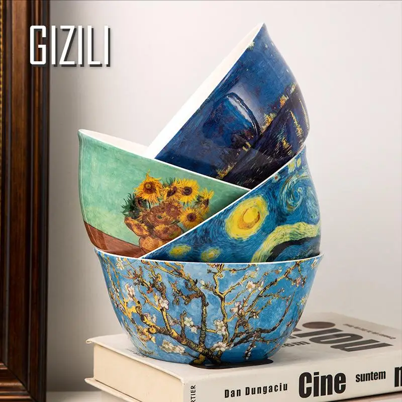 Van Gogh Oil Painting Household Noodle Bowl Ceramic Ramen Bowl European Style Kitchen Tableware Soup Bowl Microwave Oven Bakware