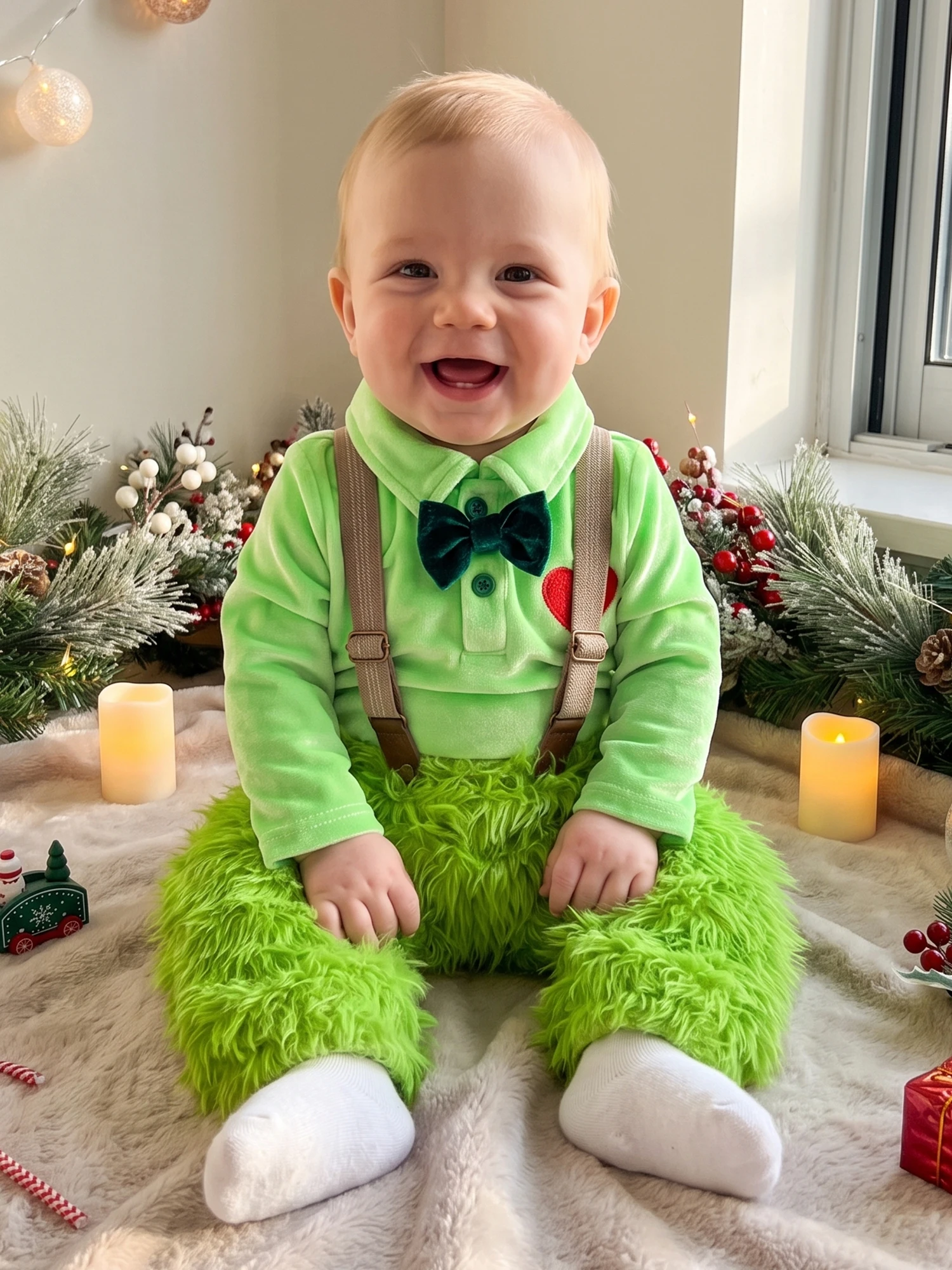Tie Bow Tie Romper Baby Boy Christmas Outfit Heart Romper Christmas Christmas Outfit Romper-With-Furry