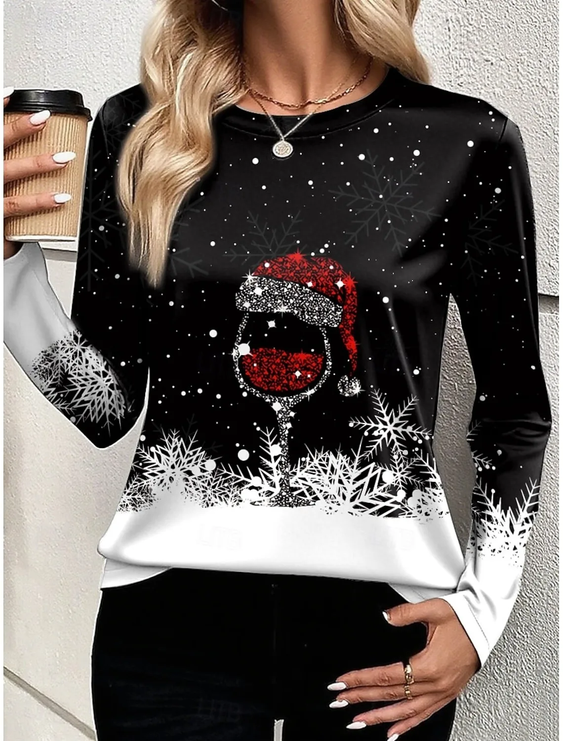 

Christmas Snowflakes and wine glass 3D printing Women's Long Sleeve T Shirt Fashion Daily Festival party Casual Women Clothing