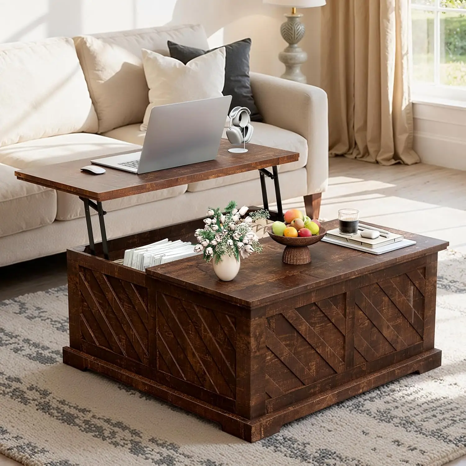 

Amada Lift Top Coffee Table with Storage, Smooth Lifting Center Table with Hidden Compartment, Diagonal Pattern, Customized