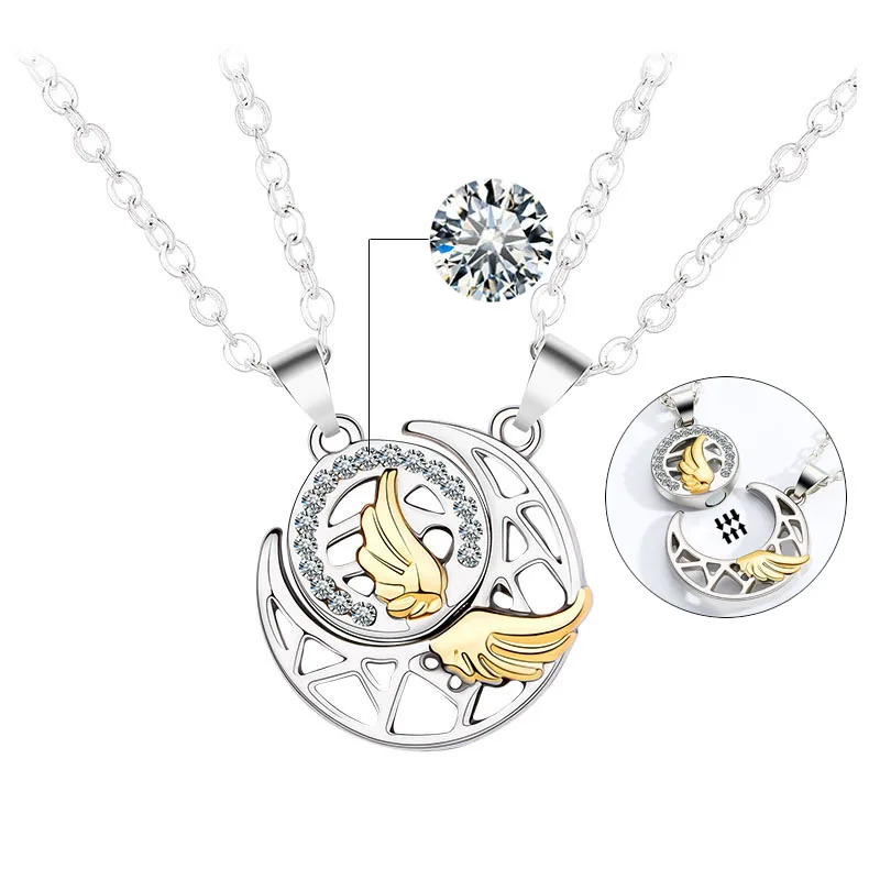A Girl 2Pcs/set Sun Moon Wing Couple Necklace for Men and Women Splicing Necklace Simple and Wild Valentine's Day Gift