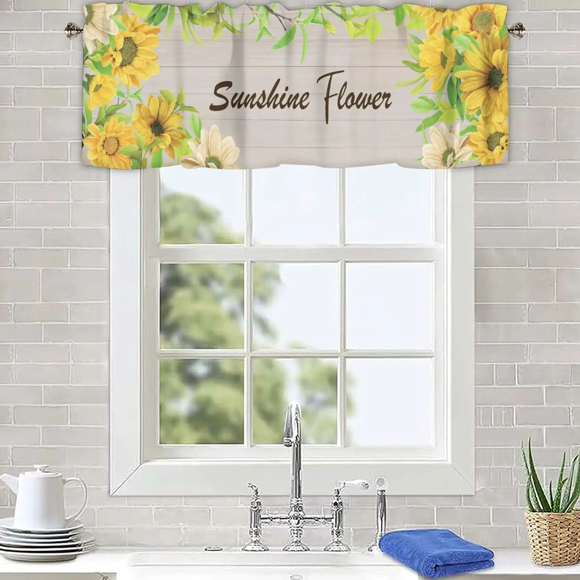 Window Curtain Valance Sunflower 1 Panel, Farmhouse Style Window Treatment Flowers Rod Pocket for Cafe Kitchen Bathroom