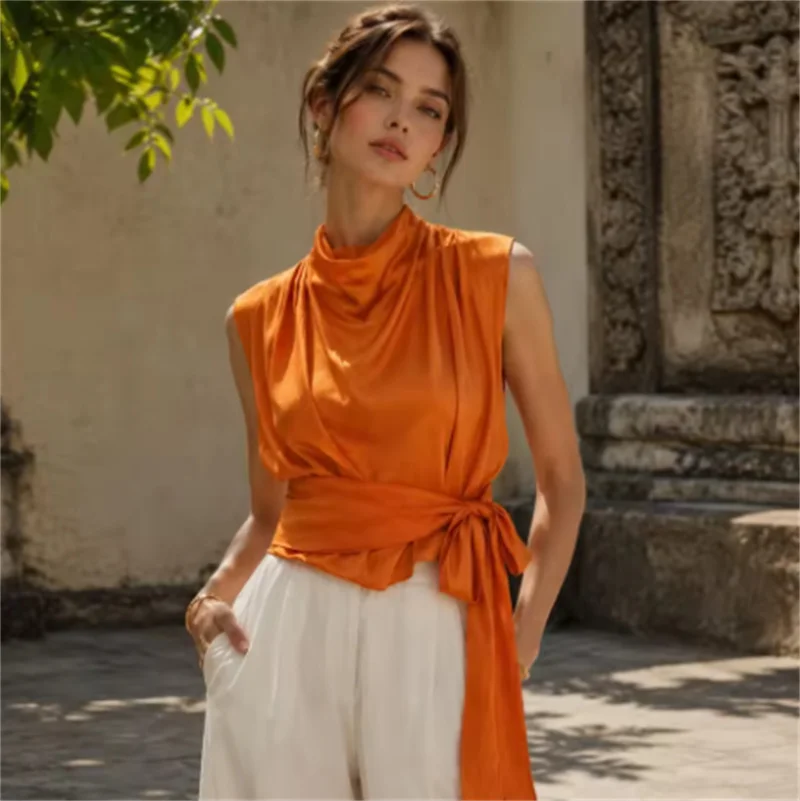 Guobioziy Women's Top 2026 Spring New Trendy Versatile Solid Color High-Neck Sleeveless Satin Feel Bow Tie Cropped Top