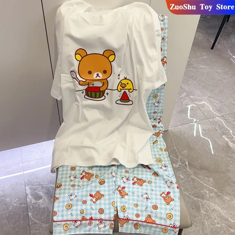 

Kawaii Rilakkuma Pajamas Summer Pure Cotton Round Neck Short Sleeve Pants Loose Suit Cartoon Cute Home Clothes Gift
