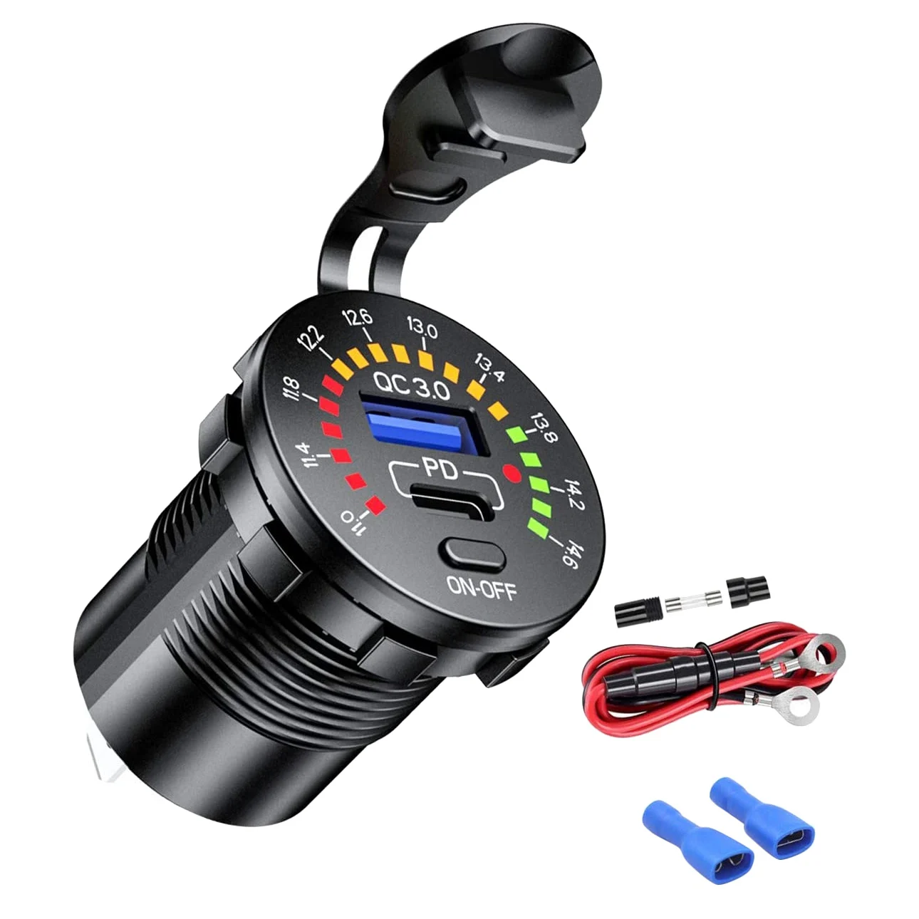 PD & QC3.0 USB Car Charger Dual USB Fast Charging Socket with Voltmeter & Switch 12V/24V for Motorcycles, UTV, RV