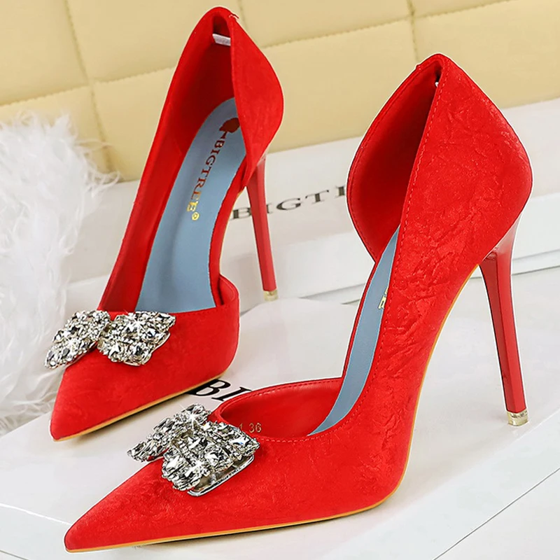 

BIGTREE Shoes synthetic leather Women Pumps Rhinestone bowknot High Heels 10.5 cm Stilettos Luxury banquet shoes Large size 43