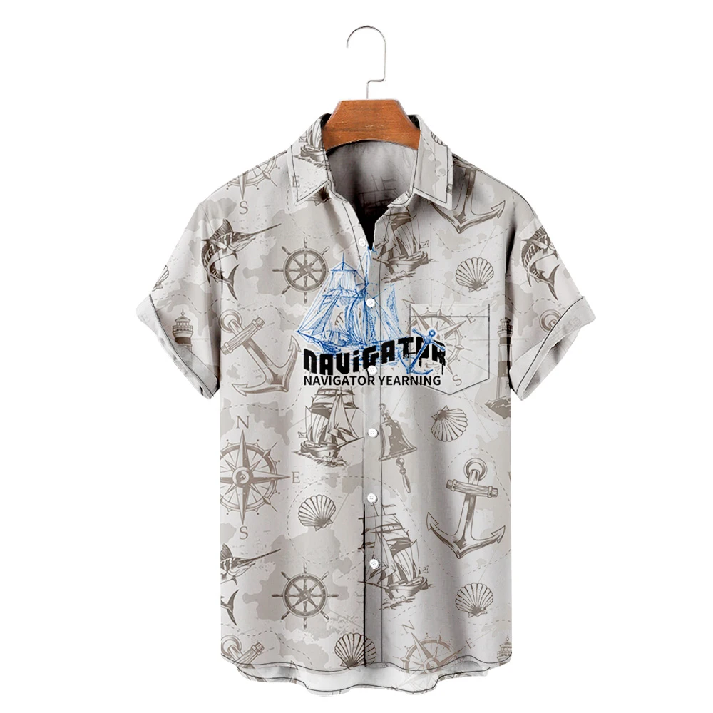 Camiseta hawaiana Y2K para Hombre, camisa de moda con patrón de barco de vela, estampado 3D, acogedora, informal, manga corta, ropa de playa de gran tamaño 8