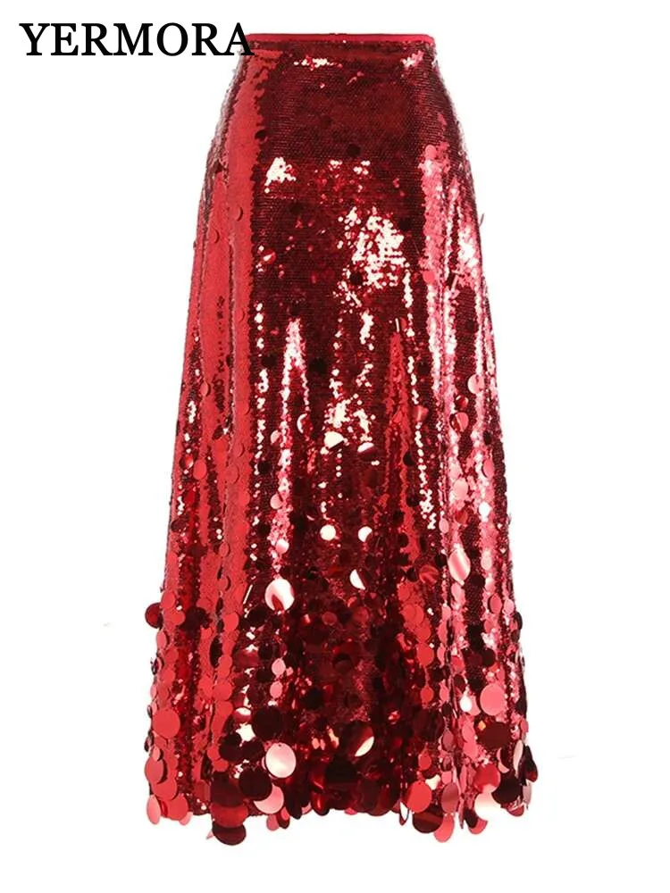 YERMORA High Waist Red Sequins Shining Design Elegant Half-body Skirt For Women Fashion Tide Spring Autumn 2025 New A150