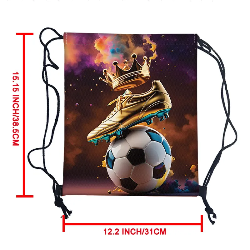 Cool Soccer Ball with Golden Crown Print Drawstring Bag Gym Sport Backpack Football Shoulder Bag for Travel Shoes Holder