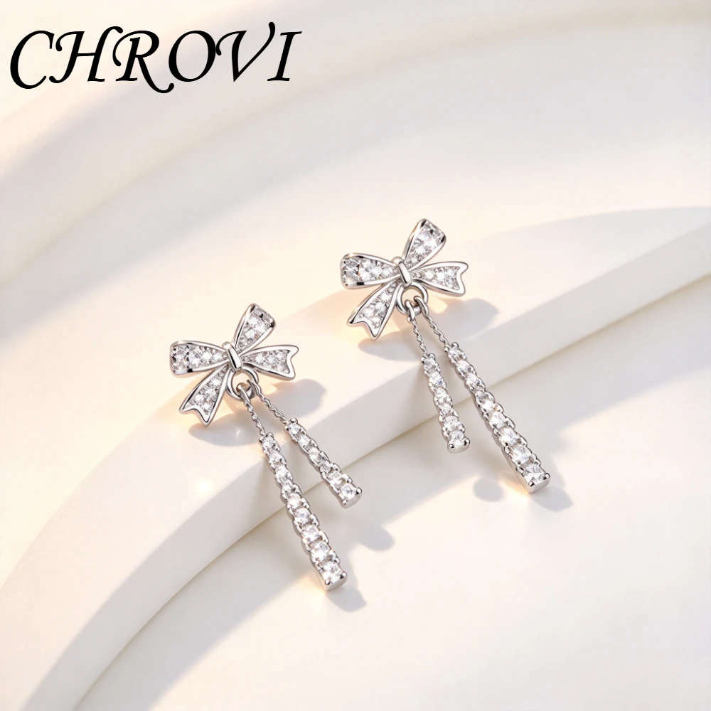 925 silver high-end full-diamond fringed bow-shaped earrings for women,a stylish and trendy ear accessory for online influencers