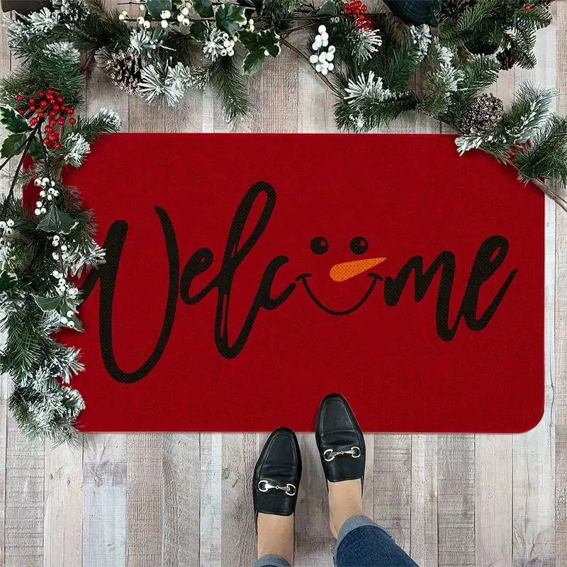 VIKAMA Red Welcome Snowman Smile Face Christmas Doormat Holiday Non Slip Floor Rug Winter Entryway Mat Home Decor Accent Soft