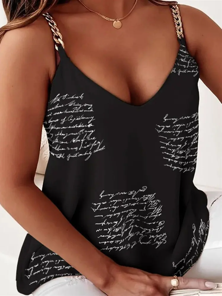 V-Ausschnitt, Buchstabendruck, Camisole mit Metallkettenriemen, locker geschnittenes, lässiges, ärmelloses Top, modisches Tanktop für den täglichen Gebrauch. – Detail 8